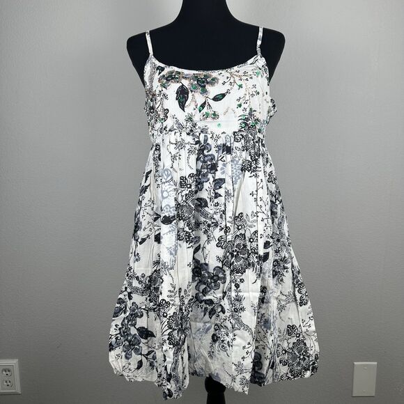 Chaudry Babydoll Mini Dress Size Medium Sequin Pleated Bubble Hem Cottage Boho - Picture 1 of 14